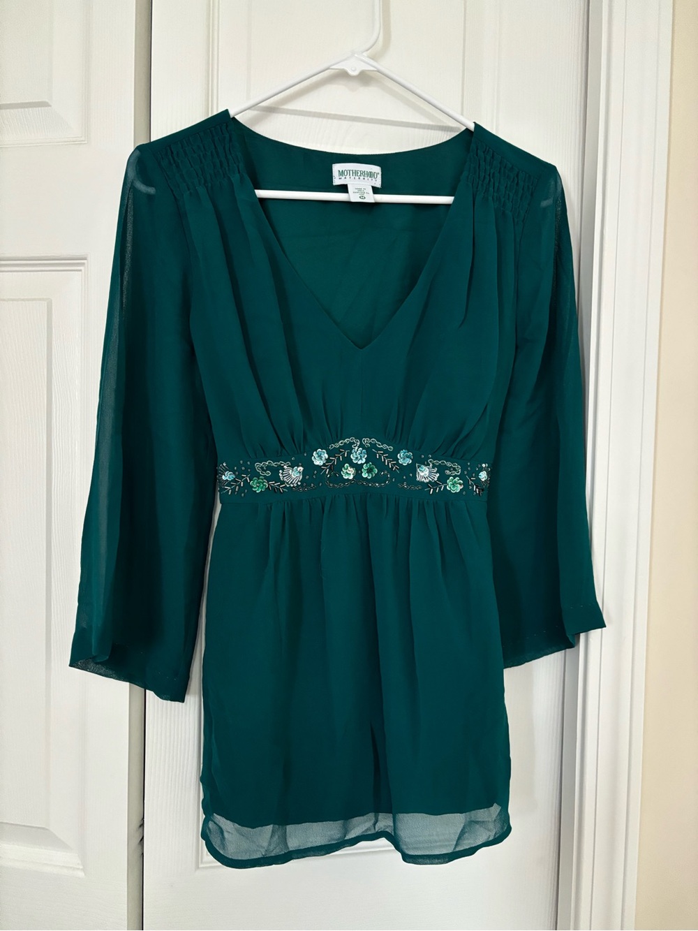Motherhood Maternity Teal Embroidered V-Neck Maternity Dress/ Long top